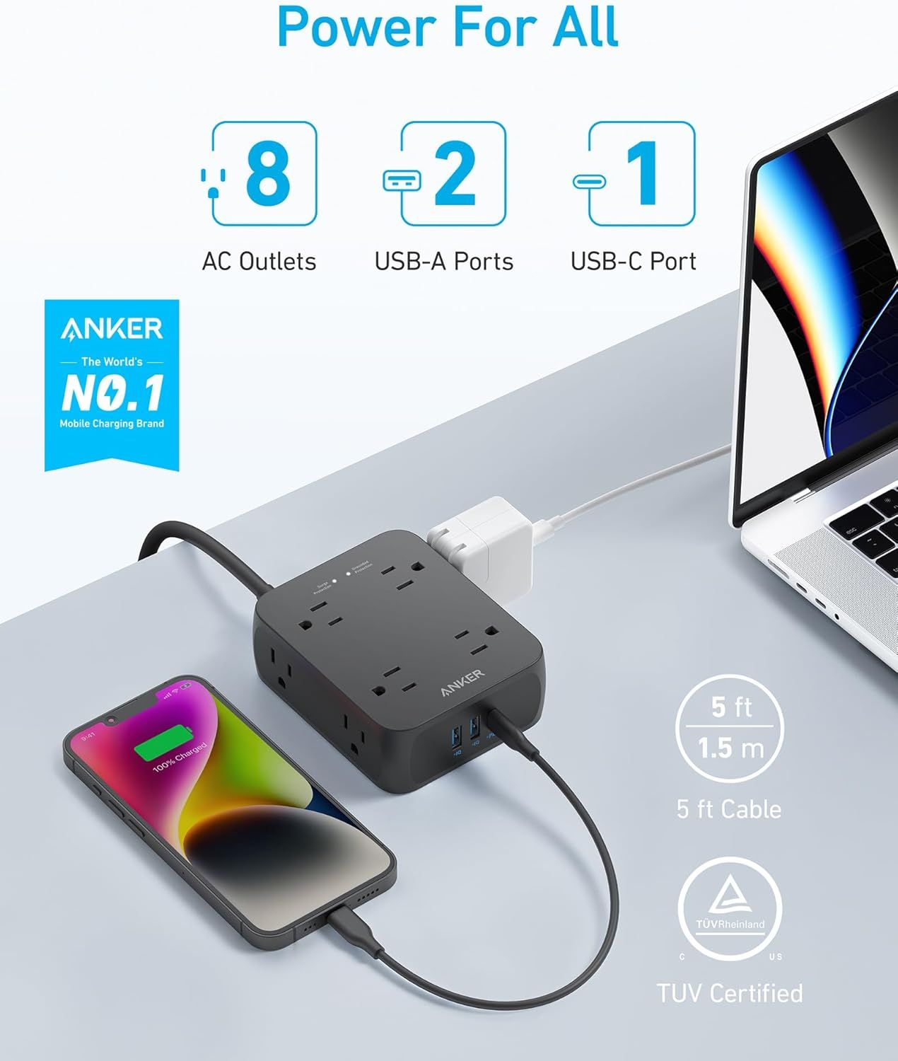 Refurbished Anker 341 USB Power Strip 5ft | A9183 - Reebelo US