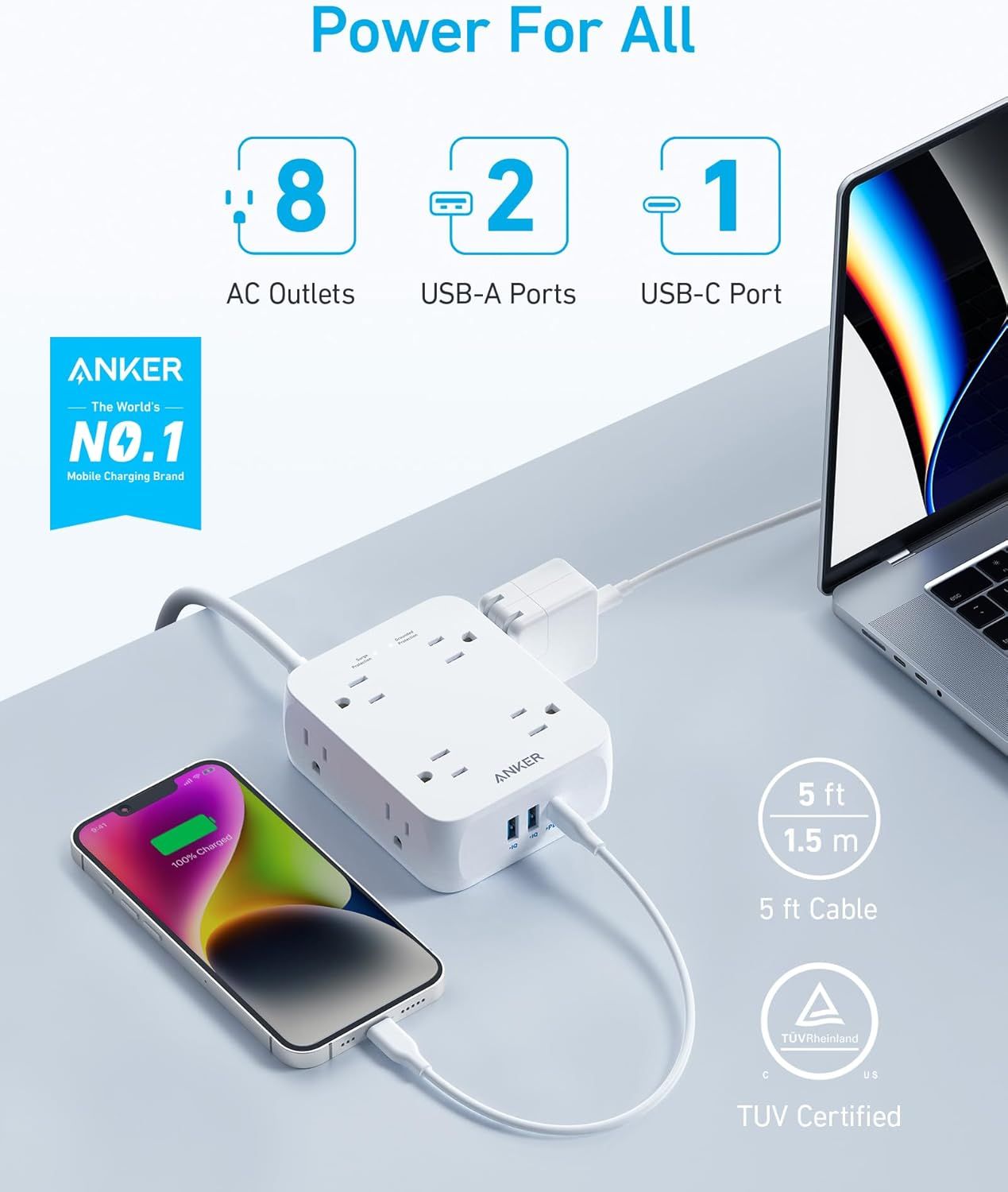 Refurbished Anker 341 USB Power Strip 5ft | A9183 - Reebelo US