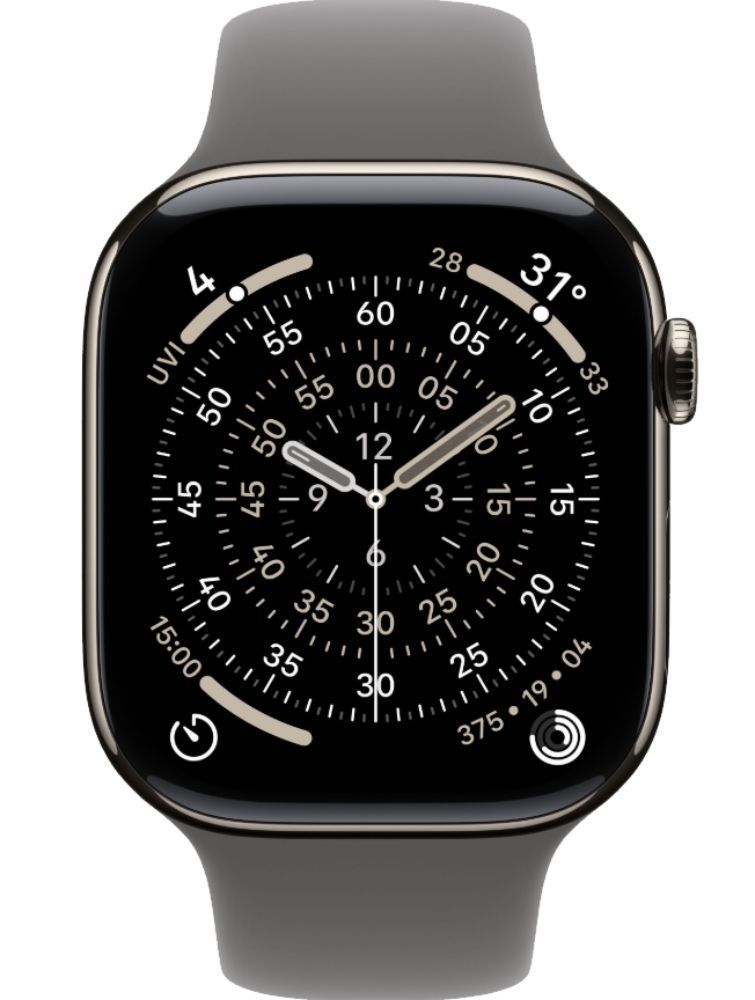 Apple Watch Series 11 (Cellular + GPS) - 64GB - 46mm - Natural Titanium Case with Stone Grey Silicone Sport Band - M/L Size