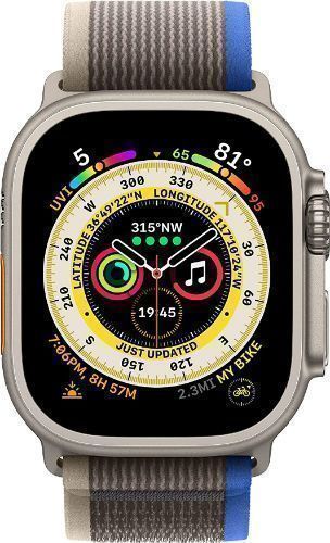 Apple Watch Ultra (Cellular + GPS) - 32GB - 49mm - Titanium Titanium Case with Blue/Gray Rubber Trail Loop Band - One Size