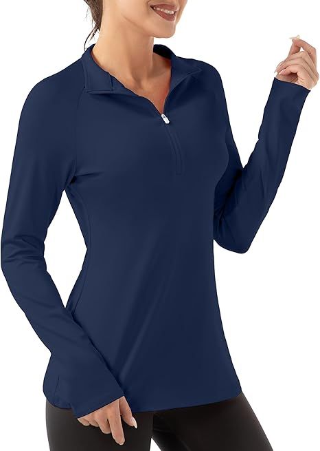 FKEEP Women's Long Sleeve Polo Shirt Golf Tennis Zipper V Neck Top - XL - Navy