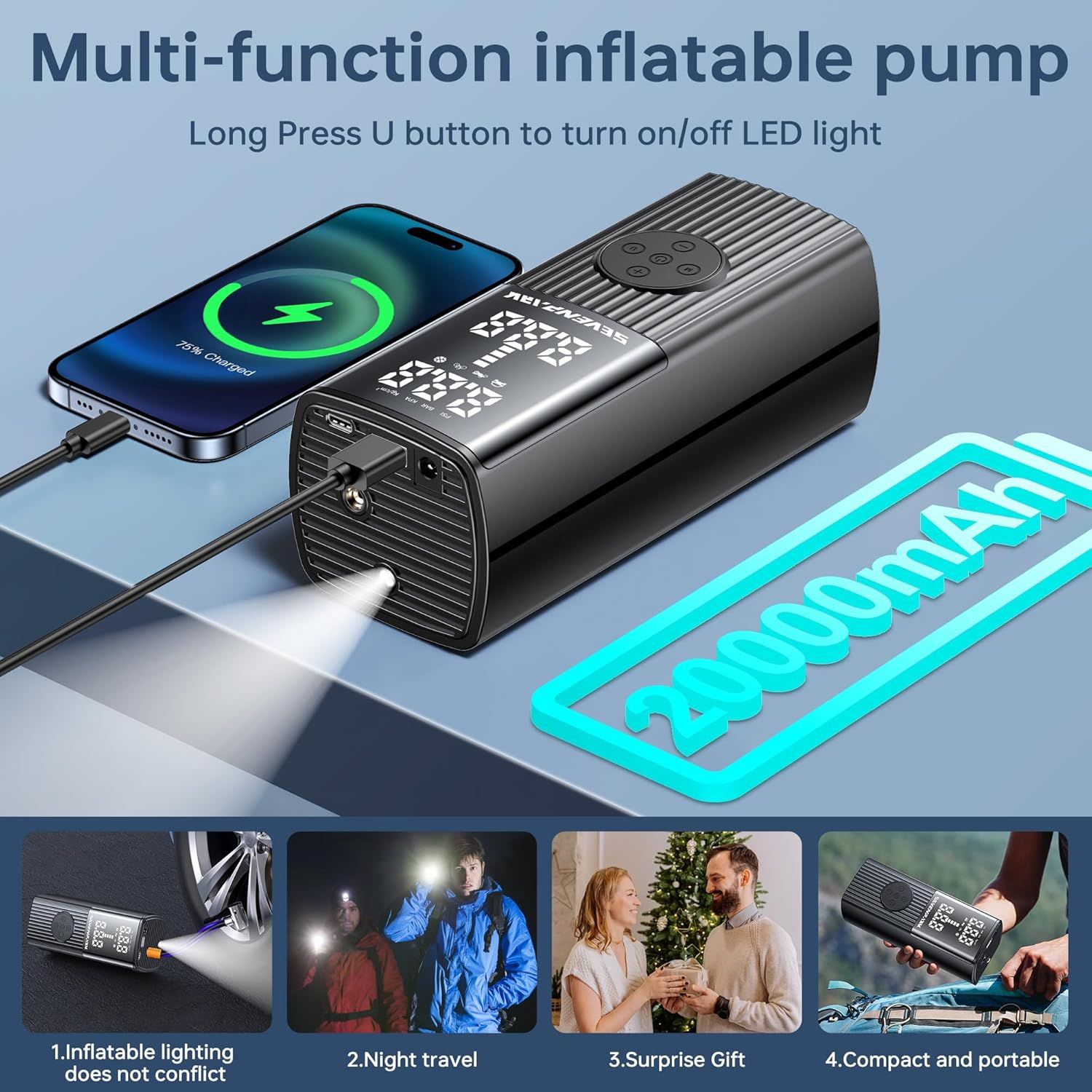 Refurbished Sevenpark Tire Portable Inflator 20000 Mah Air Compressor P0008 - Reebelo US