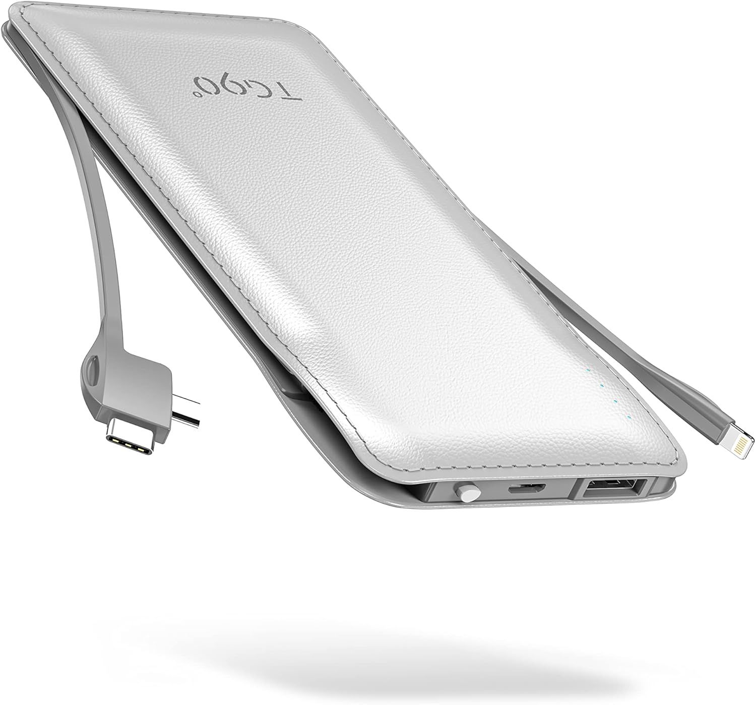 TG90° 10000mah Portable Charger Power Bank with Built-in Cables - White