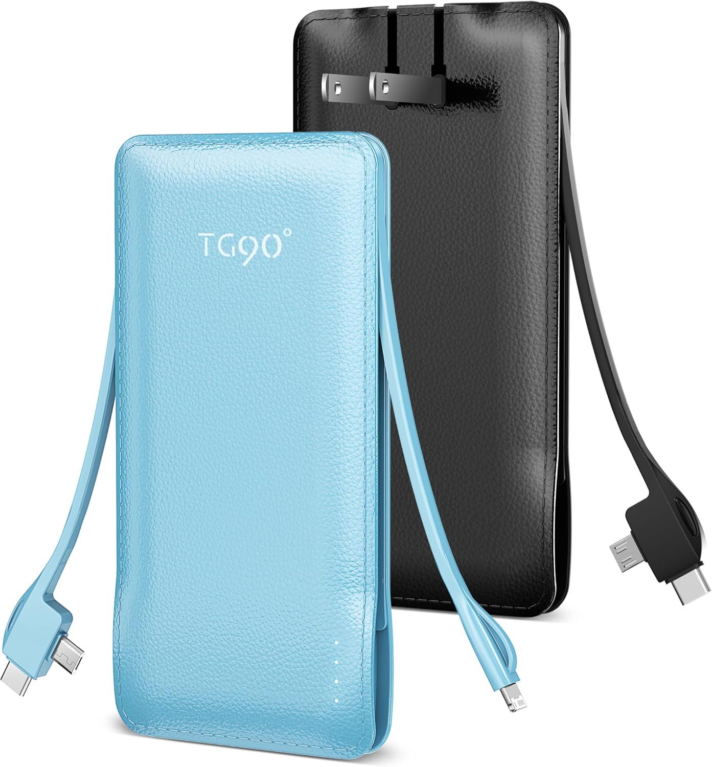 TG90° A-Z53 10000mAh Power Bank with Built-in AC Wall Plug and Cables (2-Pack) - Black & Blue