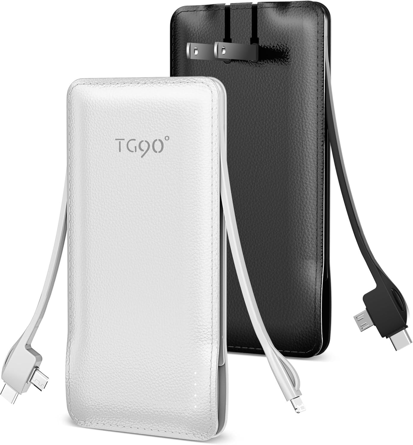 TG90° A-Z53 10000mAh Power Bank with Built-in AC Wall Plug and Cables (2-Pack) - Black & White