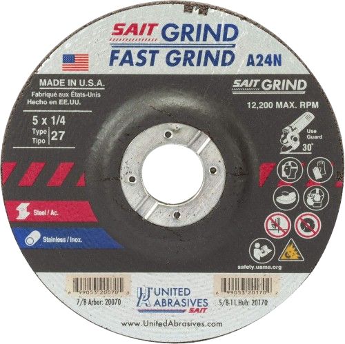 Refurbished United Abrasives SAIT 20070 A24N Fast Grinding Wheel 5" x 1/4" x 7/8" Type 27 (25-Pack) - Reebelo US