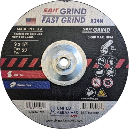 Refurbished United Abrasives SAIT 20095 A24N Fast Grinding Wheel 9" x 1/4" x 5/8-11" Type 27 (10-Pack) - Reebelo US