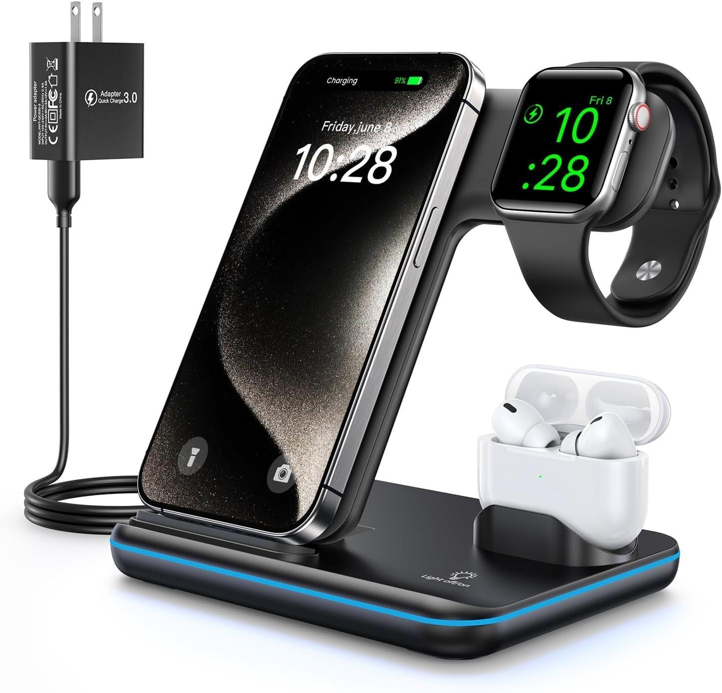WAITIEE Wireless Charger 3-in-1 15W Fast Charging Station - Black