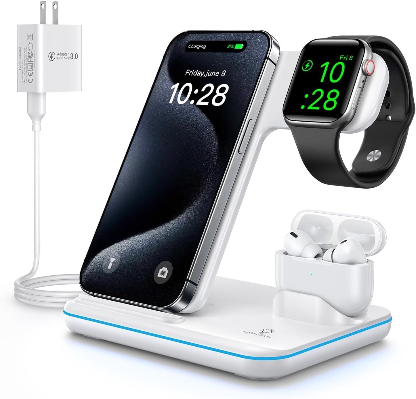 WAITIEE Wireless Charger 3-in-1 15W Fast Charging Station - White