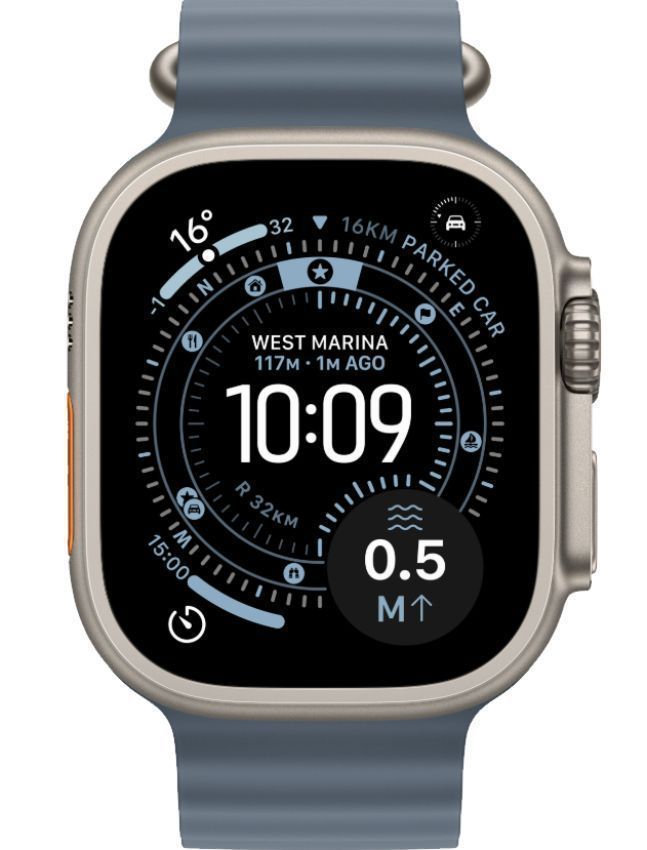 Apple Watch Ultra 3 - 64GB - 49mm - Natural Titanium Case with Anchor Blue Polyester + Spandex Ocean Band - Small Size