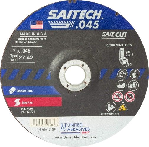 United Abrasives SAIT 22088 Saitech™ High Performance Cut-Off Wheels (Type 27/Type 42 Depressed Center) 7" x .045" x 7/8" (50-Pack)