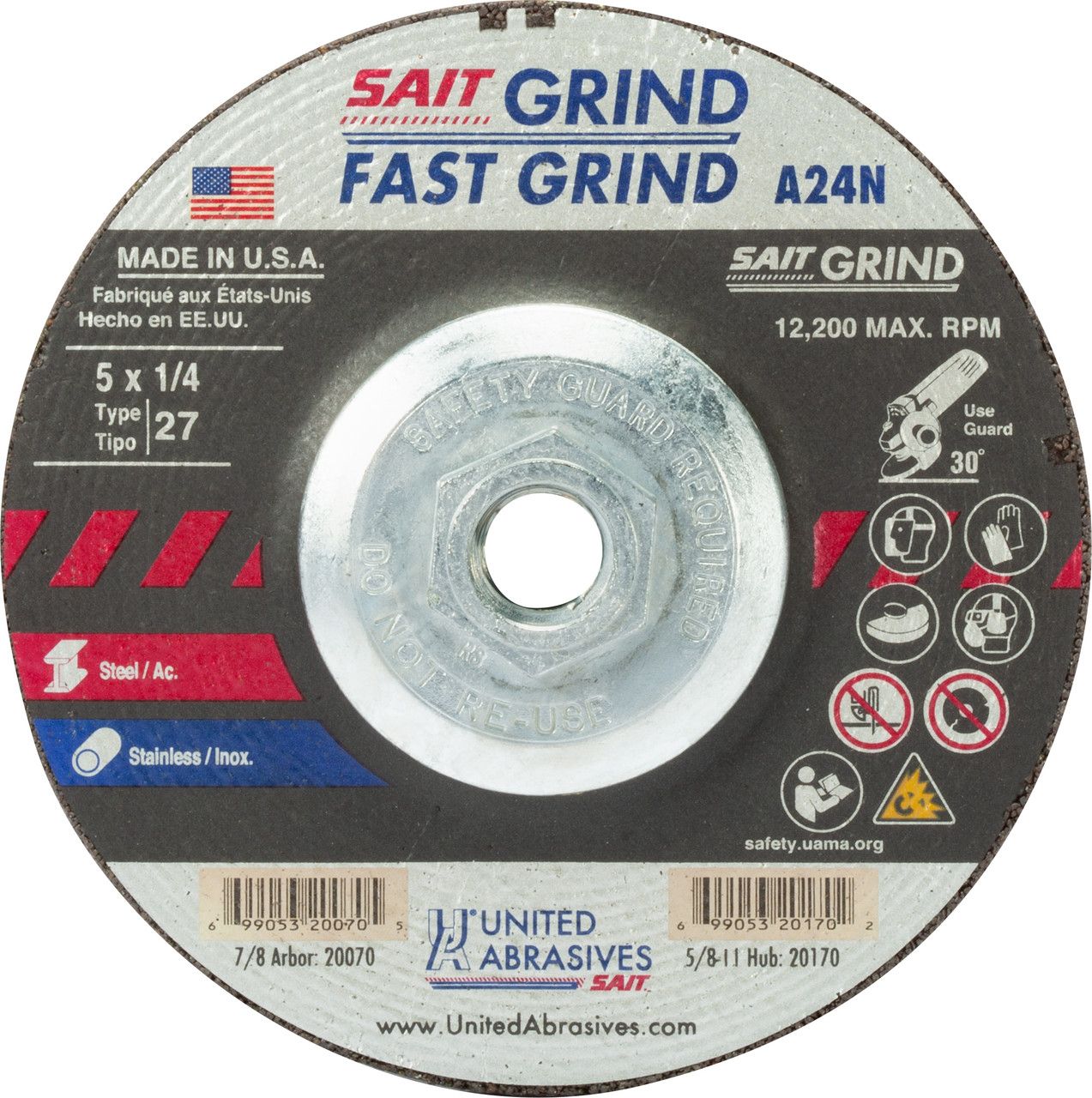 United Abrasives SAIT 20170 A24N Fast Grinding Wheel 5" x 1/4" x 5/8-11" Type 27 with Super-Lock™ Hub (10-Pack)
