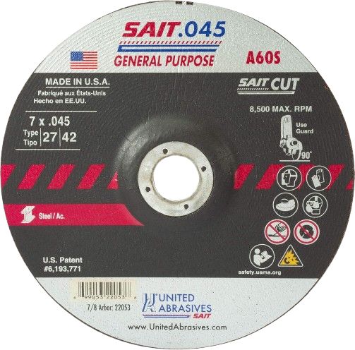 United Abrasives SAIT 22053 A60S General Purpose Cut-Off Wheels (Type 27/Type 42 Depressed Center) 7" x .045" x 7/8" (50-Pack)