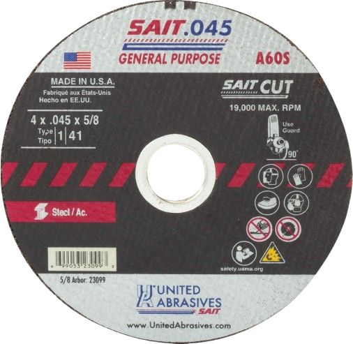 United Abrasives SAIT 23099 A60S General Purpose Cut-Off Wheels (Type 1/Type 41 Flat) 4" x .045" x 5/8" (50-Pack)