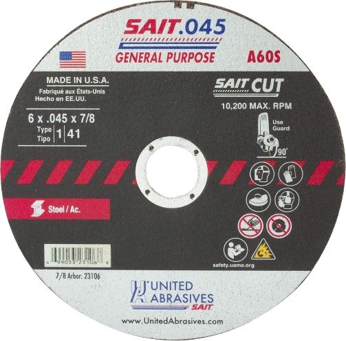 United Abrasives SAIT 23106 A60S General Purpose Cut-Off Wheels (Type 1/Type 41 Flat) 6" x .045"x 7/8" (50-Pack)